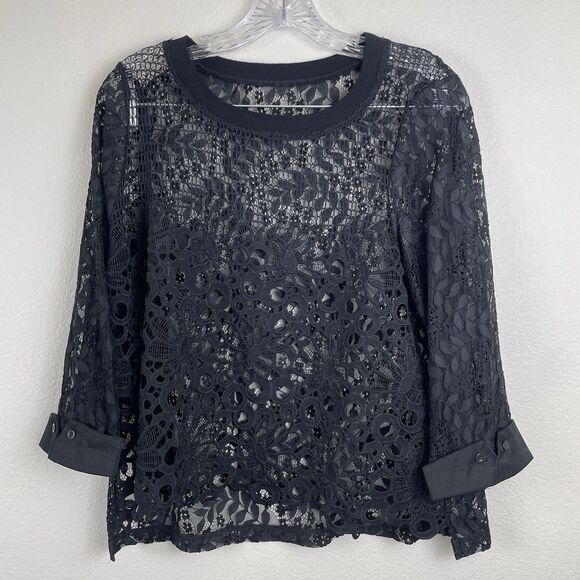 INC International Women’s Sheer Lace Crochet Top 3/4 Sleeve Round Neck Black- M - Picture 1 of 10